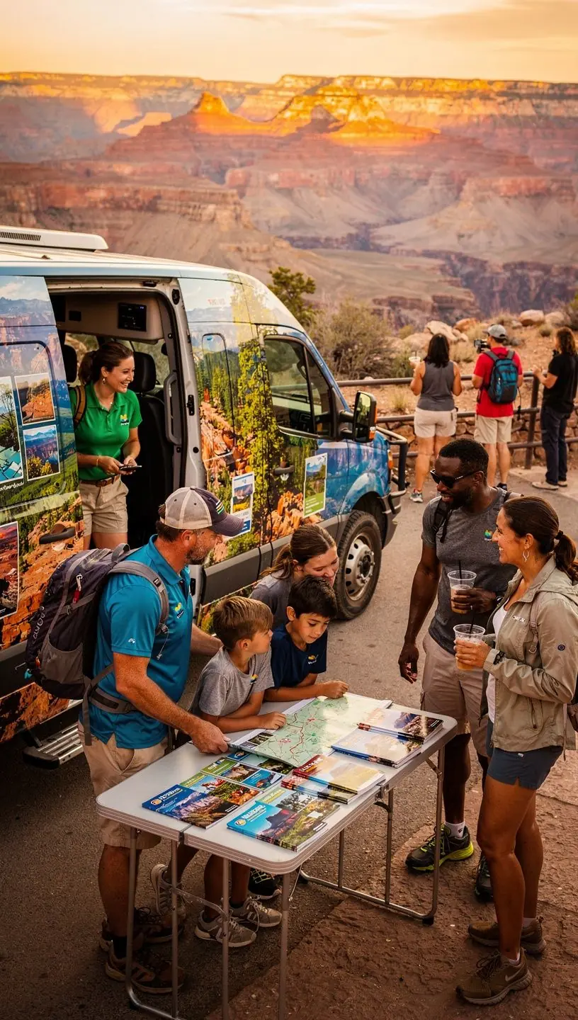 Автомобиль с туристическими услугами, припаркованный у достопримечательности, предлагает билеты и местные акции.